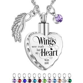 Dletay Heart Urn Necklace for Ashes with 12 Birthstones Cremation Jewelry for Ashes for Women Keepsake Pendant Memorial Ash Holder -Your Wings Were Ready My Heart Was Not