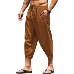 COOFANDY Mens Linen Beach Pant Casual Lightweight 3/4 Wide Leg Capri Harem Pants with Pocket Brown