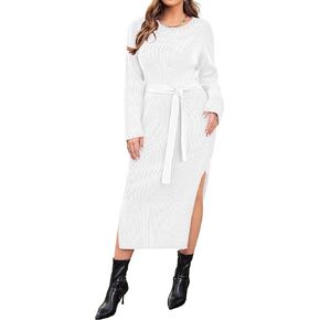 IN'VOLAND Plus Size Womens Ribbed Sweater Dress Long Sleeve Crewneck Tie Waist Knit Bodycon Midi Dresses with Belt