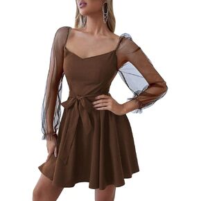WDIRARA Women's V Neck Mesh Bishop Long Sleeve Ruffle Hem Belted Dress