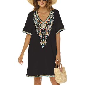 AK Women's Summer Boho Mexican Peasant Dress Short Sleeve Floral Embroidered Flowy Dresses Loose Hippie Bohemian Tunic
