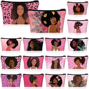 Mumufy 16 Pcs African American Cosmetic Bag Afro Black Women Makeup Bag Canvas Makeup Bag Zippered Funny Cosmetics Pouch Reusable Multi Purpose Organizer for Women Girl Gifts Travel Toiletry Accessory