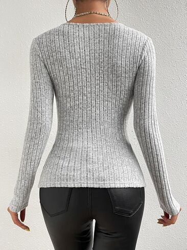 تي شيرت نسائي بأكمام طويلة من COZYEASE تي شيرت أمامي ملتوي ورقبة على شكل حرف V عميقة ومضلع ومتماسك تي شيرت أساسي مناسب للخريف in Kuwait