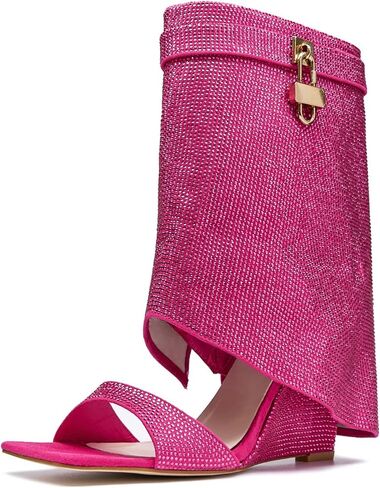 Women's Rhinestones Fold Over Shark Lock Boots Wedge Square Open Toe Side Zipper Glitter Mid Calf Ankle Boots Fashion Sparkly Summer Booties in Saudi Arabia