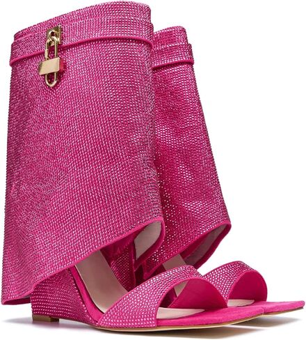 Women's Rhinestones Fold Over Shark Lock Boots Wedge Square Open Toe Side Zipper Glitter Mid Calf Ankle Boots Fashion Sparkly Summer Booties in Saudi Arabia