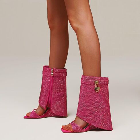 Women's Rhinestones Fold Over Shark Lock Boots Wedge Square Open Toe Side Zipper Glitter Mid Calf Ankle Boots Fashion Sparkly Summer Booties in Saudi Arabia