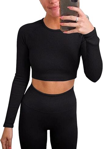 Jetjoy Exercise Outfits for Women 2 Pieces Ribbed Seamless Yoga Outfits Sports Bra and Leggings Set Tracksuits 2 Piece in Saudi Arabia