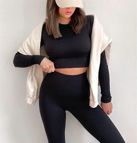 Jetjoy Exercise Outfits for Women 2 Pieces Ribbed Seamless Yoga Outfits Sports Bra and Leggings Set Tracksuits 2 Piece in Saudi Arabia