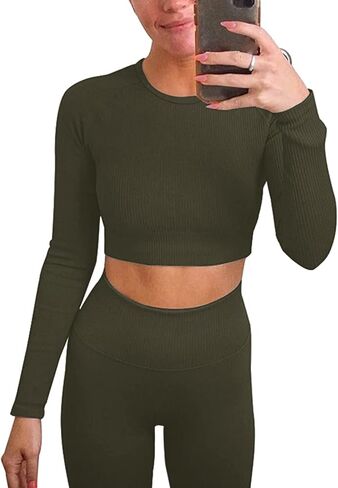 Jetjoy Exercise Outfits for Women 2 Pieces Ribbed Seamless Yoga Outfits Sports Bra and Leggings Set Tracksuits 2 Piece in Saudi Arabia