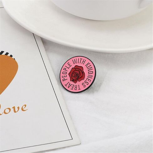Treat People with Kindness Enamel Pin Red Rose Round Brooch Pin Quote Pins Kindness Lovely Enamel Bag Lapel Pin Shirt Badge Brooche Gift for Wedding Party Jewelry in Saudi Arabia
