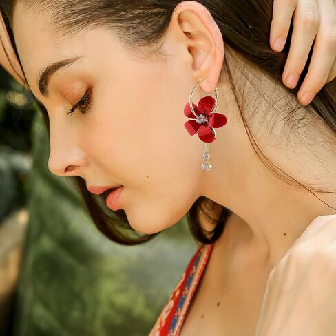 Seakuur Romantic Crystal Acrylic Rose Flower Earrings Five Leaves Exaggerated Round Hoop long Tassel Earring for Women Jewelry in Saudi Arabia