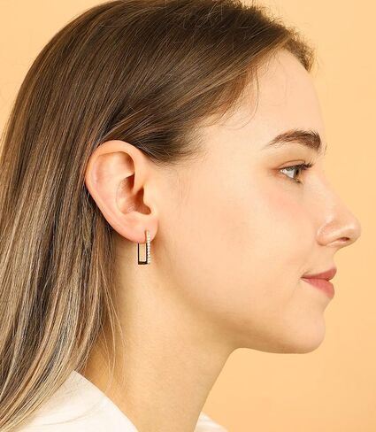 OZEL – Huggie Hoop Earrings with a Set of Cubic Zirconia Stones for Women – 14k Yellow Gold/White Gold Plated/Circular/Semi-circular/U-Shape/Round Square (Made in Korea) in Kuwait