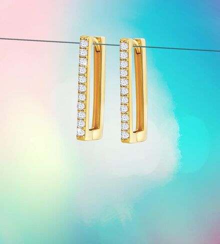 OZEL – Huggie Hoop Earrings with a Set of Cubic Zirconia Stones for Women – 14k Yellow Gold/White Gold Plated/Circular/Semi-circular/U-Shape/Round Square (Made in Korea) in Kuwait