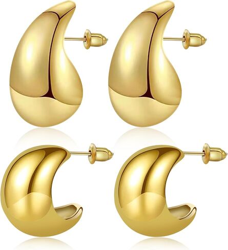 Chunky Gold Hoop Earrings for Women 18K Real Gold Plated Teardrop Earrings for Women Girls Hypoallergenic Lightweight Drop Hoops Earrings Trendy Jewelry Gifts in Saudi Arabia