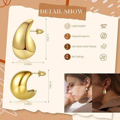 Chunky Gold Hoop Earrings for Women 18K Real Gold Plated Teardrop Earrings for Women Girls Hypoallergenic Lightweight Drop Hoops Earrings Trendy Jewelry Gifts in Saudi Arabia