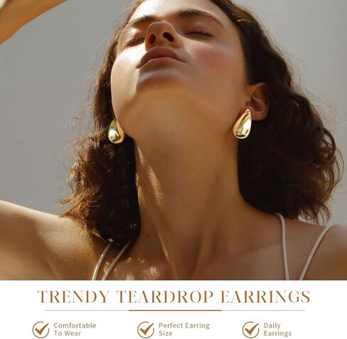 Chunky Gold Hoop Earrings for Women 18K Real Gold Plated Teardrop Earrings for Women Girls Hypoallergenic Lightweight Drop Hoops Earrings Trendy Jewelry Gifts in Saudi Arabia