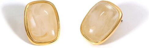 M.DUN- حلق بحواف مستديرة مستطيلة الشكل. أذن البحر العنبر الفيروزي تصميم حجر الراتنج / إطار مطلي بالذهب الحقيقي عيار 18 قيراط، هدية رائعة لا تسبب الحساسية للنساء والفتيات (العاج) in Kuwait