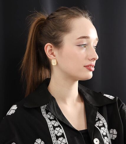 M.DUN- حلق بحواف مستديرة مستطيلة الشكل. أذن البحر العنبر الفيروزي تصميم حجر الراتنج / إطار مطلي بالذهب الحقيقي عيار 18 قيراط، هدية رائعة لا تسبب الحساسية للنساء والفتيات (العاج) in Kuwait