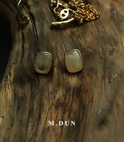 M.DUN- حلق بحواف مستديرة مستطيلة الشكل. أذن البحر العنبر الفيروزي تصميم حجر الراتنج / إطار مطلي بالذهب الحقيقي عيار 18 قيراط، هدية رائعة لا تسبب الحساسية للنساء والفتيات (العاج) in Kuwait