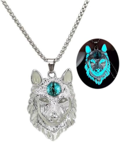 Wolf Necklace for Men Women Stainless Steel Viking Wolf Head Therian Necklace Glow in the Dark Protection Necklace Jewelry Gift in Saudi Arabia