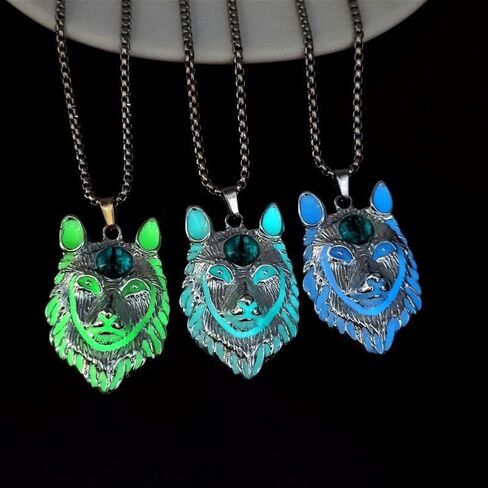 Wolf Necklace for Men Women Stainless Steel Viking Wolf Head Therian Necklace Glow in the Dark Protection Necklace Jewelry Gift in Saudi Arabia