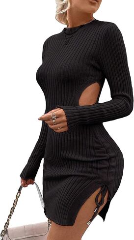 Floerns Women's Cut Out Waist Ribbed Knit Drawstring Side Split Hem Sweater Dress in Saudi Arabia
