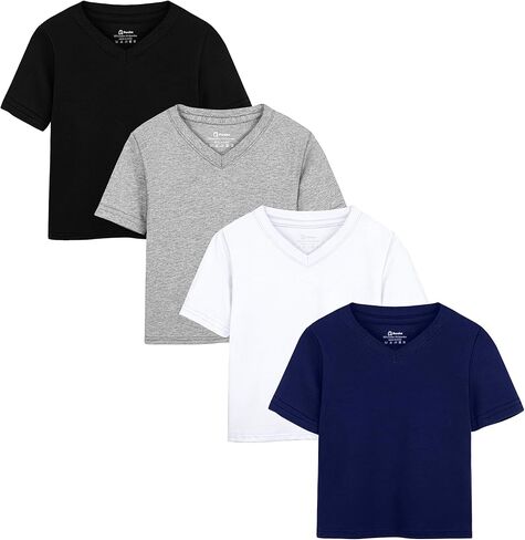 4 قطع من تي شيرت للأطفال الصغار برقبة على شكل حرف V وأكمام قصيرة للأطفال الصغار بطبقات أساسية من القمصان ذات الألوان الصلبة للأولاد والأطفال in Kuwait