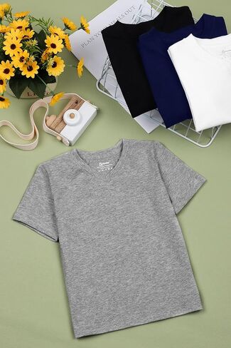 4 قطع من تي شيرت للأطفال الصغار برقبة على شكل حرف V وأكمام قصيرة للأطفال الصغار بطبقات أساسية من القمصان ذات الألوان الصلبة للأولاد والأطفال in Kuwait