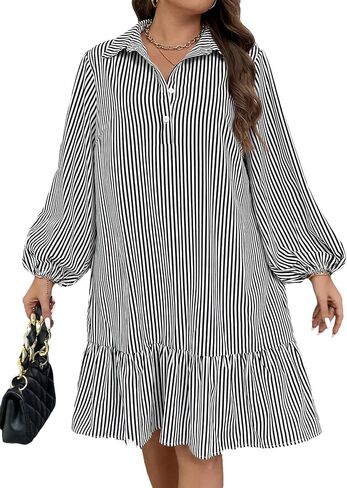 Floerns Women's Plus Striped Long Lantern Sleeve Button Front Collared Neck Ruffle Hem Mini Smock Dress in Saudi Arabia