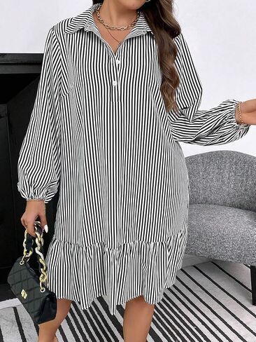Floerns Women's Plus Striped Long Lantern Sleeve Button Front Collared Neck Ruffle Hem Mini Smock Dress in Saudi Arabia