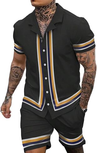 GORGLITTER Men's 2 Piece Tracksuit Striped Short Sleeve Button Front Shirt and Drawstring Waist Shorts Set in Saudi Arabia
