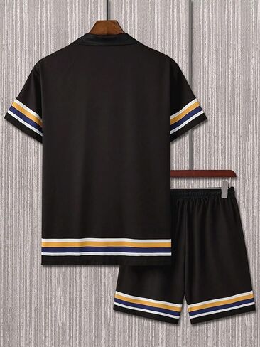 GORGLITTER Men's 2 Piece Tracksuit Striped Short Sleeve Button Front Shirt and Drawstring Waist Shorts Set in Saudi Arabia