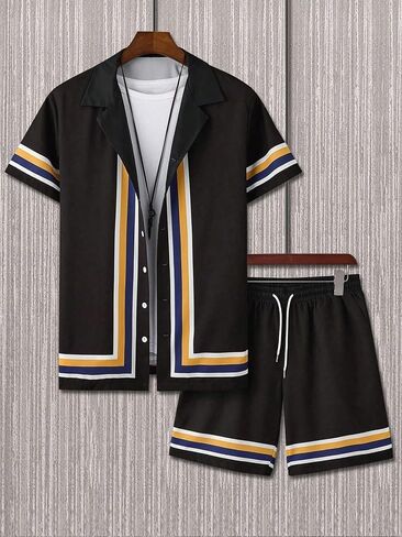 GORGLITTER Men's 2 Piece Tracksuit Striped Short Sleeve Button Front Shirt and Drawstring Waist Shorts Set in Saudi Arabia