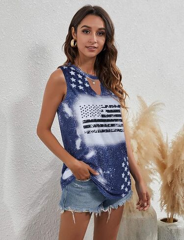 FASHGL المرأة 4th من يوليو تانك القمم نجوم مخطط العلم الدبابات يوم الاستقلال قميص علوي الصيف قميص بدون أكمام in Kuwait