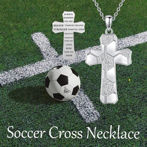 AXOMY Sports Cross Necklace 925 Sterling Silver Football Soccer Pendant Necklaces Football Jewelry Christian Religious Sports Gifts for Men Boys Women Footballer Soccer Lovers in Saudi Arabia