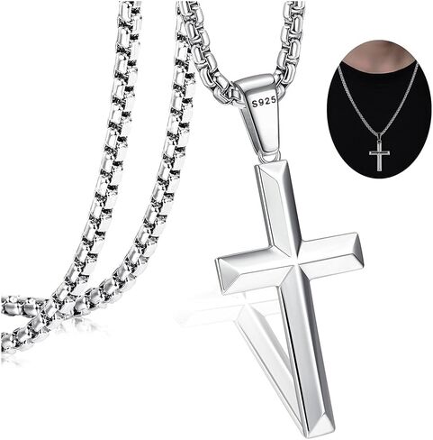 قلادة صليب من الفضة الاسترليني عيار 925 للرجال والنساء مع سلسلة صندوق متينة قوية من الفولاذ المقاوم للصدأ 2.5 مم عيار 18 قيراط مطلية بالذهب الأبيض قلادة على شكل صليب مجوهرات 16-30 بوصة in Kuwait