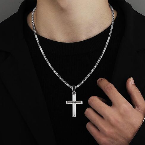 قلادة صليب من الفضة الاسترليني عيار 925 للرجال والنساء مع سلسلة صندوق متينة قوية من الفولاذ المقاوم للصدأ 2.5 مم عيار 18 قيراط مطلية بالذهب الأبيض قلادة على شكل صليب مجوهرات 16-30 بوصة in Kuwait