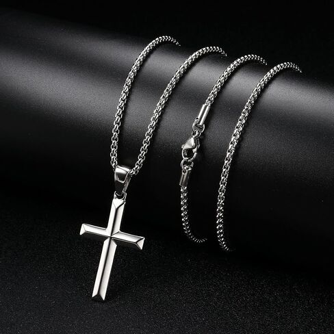 قلادة صليب من الفضة الاسترليني عيار 925 للرجال والنساء مع سلسلة صندوق متينة قوية من الفولاذ المقاوم للصدأ 2.5 مم عيار 18 قيراط مطلية بالذهب الأبيض قلادة على شكل صليب مجوهرات 16-30 بوصة in Kuwait
