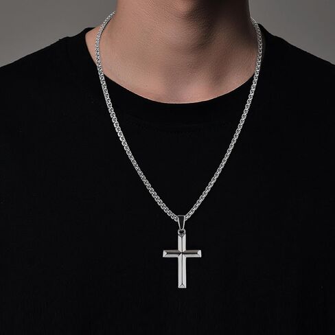 قلادة صليب من الفضة الاسترليني عيار 925 للرجال والنساء مع سلسلة صندوق متينة قوية من الفولاذ المقاوم للصدأ 2.5 مم عيار 18 قيراط مطلية بالذهب الأبيض قلادة على شكل صليب مجوهرات 16-30 بوصة in Kuwait