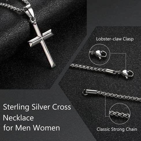 قلادة صليب من الفضة الاسترليني عيار 925 للرجال والنساء مع سلسلة صندوق متينة قوية من الفولاذ المقاوم للصدأ 2.5 مم عيار 18 قيراط مطلية بالذهب الأبيض قلادة على شكل صليب مجوهرات 16-30 بوصة in Kuwait
