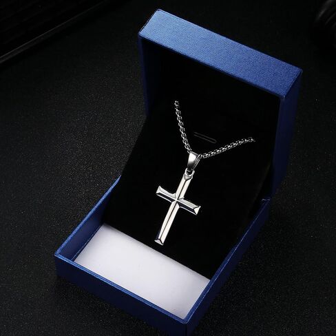 قلادة صليب من الفضة الاسترليني عيار 925 للرجال والنساء مع سلسلة صندوق متينة قوية من الفولاذ المقاوم للصدأ 2.5 مم عيار 18 قيراط مطلية بالذهب الأبيض قلادة على شكل صليب مجوهرات 16-30 بوصة in Kuwait