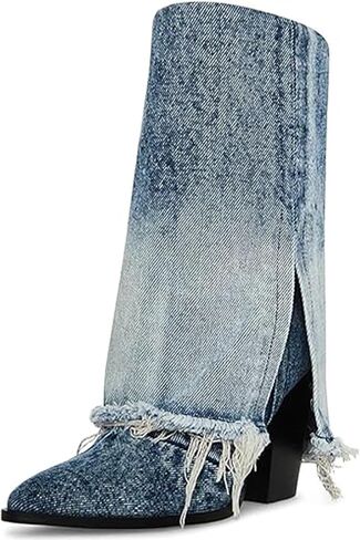 Women 's Cowboy Boots Denim Mid Calf Boots Western Cowgirl Fold Over Boots Almond Pointed Toe Pull On Block Chunky Heel 8cm Party Ankle Boots for Women in Saudi Arabia