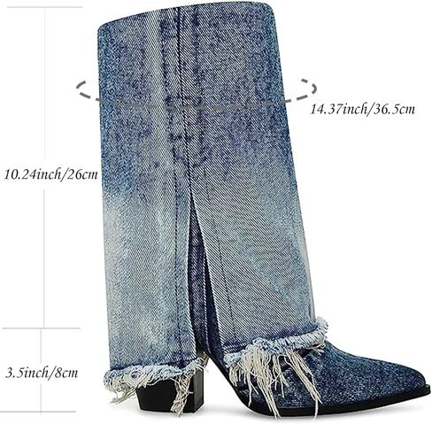 Women 's Cowboy Boots Denim Mid Calf Boots Western Cowgirl Fold Over Boots Almond Pointed Toe Pull On Block Chunky Heel 8cm Party Ankle Boots for Women in Saudi Arabia