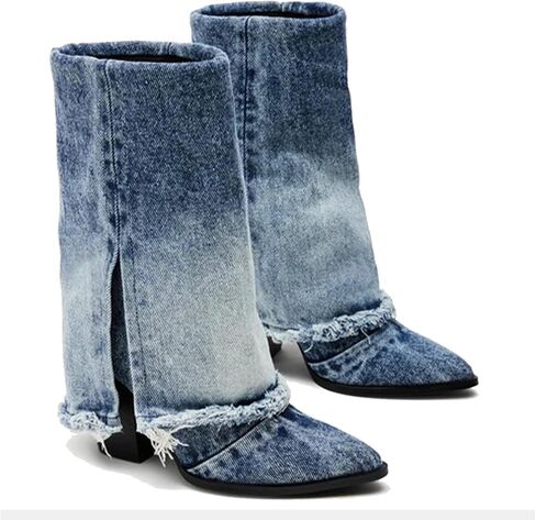 Women 's Cowboy Boots Denim Mid Calf Boots Western Cowgirl Fold Over Boots Almond Pointed Toe Pull On Block Chunky Heel 8cm Party Ankle Boots for Women in Saudi Arabia