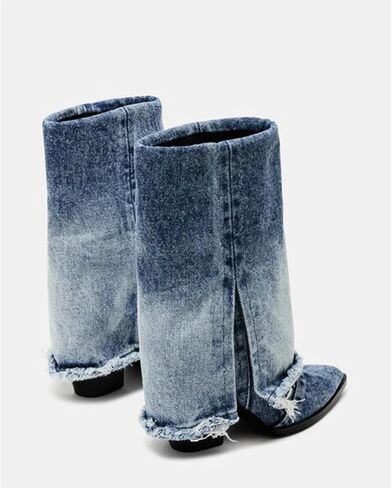 Women 's Cowboy Boots Denim Mid Calf Boots Western Cowgirl Fold Over Boots Almond Pointed Toe Pull On Block Chunky Heel 8cm Party Ankle Boots for Women in Saudi Arabia