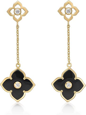 Black Onyx Flower Dangle Drop Earrings for Women in 925 Sterling Silver with Yellow Gold Plating Friction Back by Lavari Jewelers in Saudi Arabia