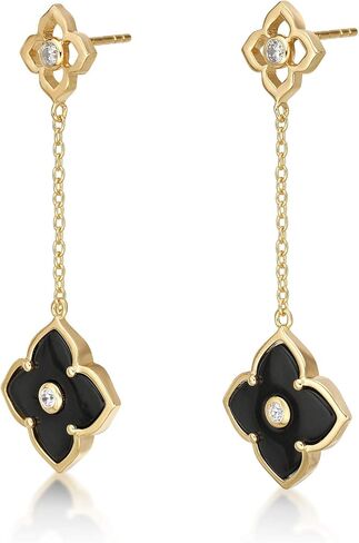 Black Onyx Flower Dangle Drop Earrings for Women in 925 Sterling Silver with Yellow Gold Plating Friction Back by Lavari Jewelers in Saudi Arabia