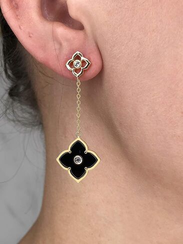 Black Onyx Flower Dangle Drop Earrings for Women in 925 Sterling Silver with Yellow Gold Plating Friction Back by Lavari Jewelers in Saudi Arabia