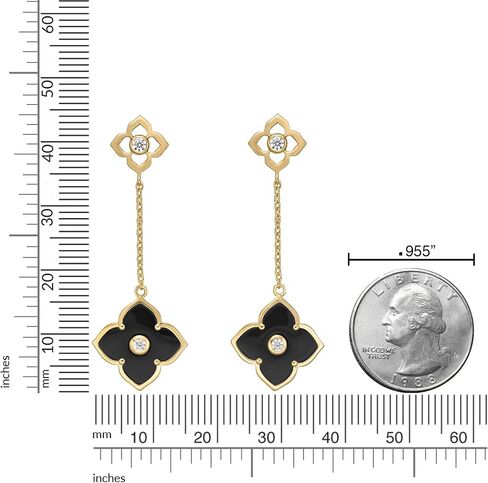 Black Onyx Flower Dangle Drop Earrings for Women in 925 Sterling Silver with Yellow Gold Plating Friction Back by Lavari Jewelers in Saudi Arabia