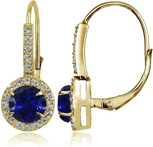 Yellow Gold Flashed Sterling Silver Genuine, Created or Simulated Gemstone and Cubic Zirconia Accents Round Leverback Earrings in Saudi Arabia